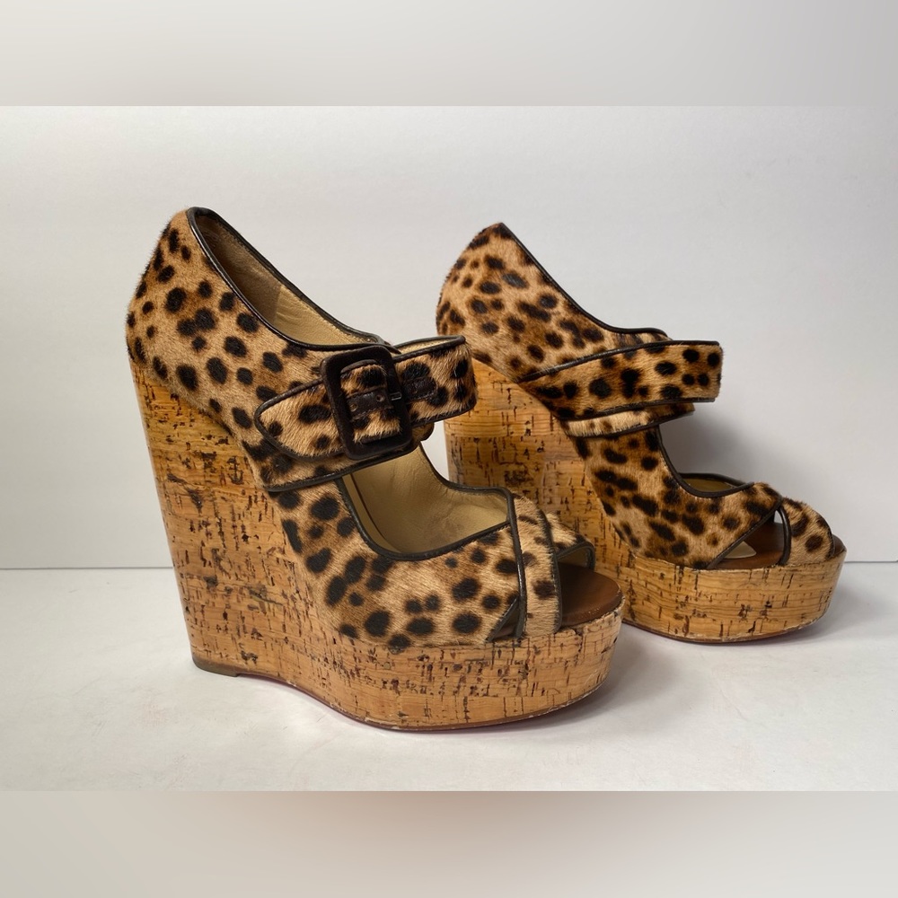 Christian Louboutin Melides ponyhair wedge pumps open toe leopard 35.5